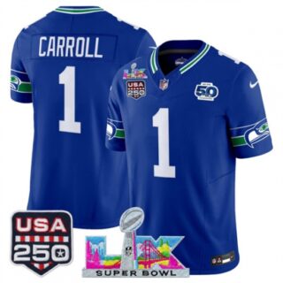 Men's Seattle Seahawks #1 Pete Carroll Royal 2025 F.U.S.E. Super Bowl LX And 50th Season and USA 250 Vapor Throwback Limited Football Stitched Jersey