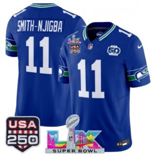 Men's Seattle Seahawks #11 Jaxon Smith-Njigba Royal 2025 F.U.S.E. Super Bowl LX And 50th Season and USA 250 Vapor Throwback Limited Football Stitched Jersey