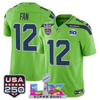 Men's Seattle Seahawks #12 Fan Green 2025 F.U.S.E. Super Bowl LX And 50th Season and USA 250 Vapor Limited Football Stitched Jersey