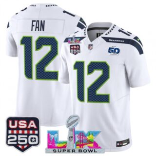 Men's Seattle Seahawks #12 Fan White 2025 F.U.S.E. Super Bowl LX And 50th Season and USA 250 Vapor Limited Football Stitched Jersey