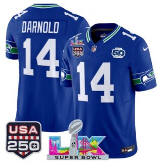 Men's Seattle Seahawks #14 Sam Darnold Royal 2025 F.U.S.E. Super Bowl LX And 50th Season and USA 250 Vapor Throwback Limited Football Stitched Jersey