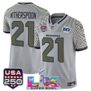 Men's Seattle Seahawks #21 Devon Witherspoon Gray 2025 F.U.S.E. Super Bowl LX and US 250th anniversary And 50th Season Rivalries Vapor Limited Football Stit
