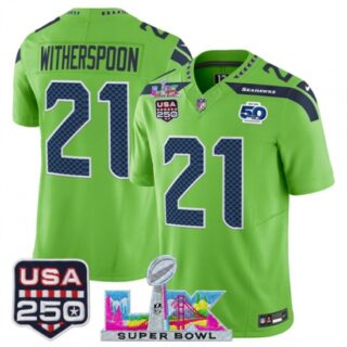 Men's Seattle Seahawks #21 Devon Witherspoon Green 2025 F.U.S.E. Super Bowl LX And 50th Season and USA 250 Vapor Limited Football Stitched Jersey