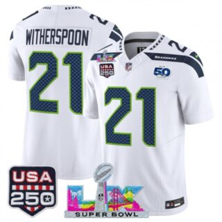 Men's Seattle Seahawks #21 Devon Witherspoon White 2025 F.U.S.E. Super Bowl LX And 50th Season and USA 250 Vapor Limited Football Stitched Jersey