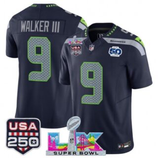 Men's Seattle Seahawks #9 Kenneth Walker III Navy 2025 F.U.S.E. Super Bowl LX And 50th Season and USA 250 Vapor Limited Football Stitched Jersey