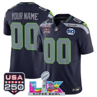 Men's Seattle Seahawks Active Player Custom Navy 2025 F.U.S.E. Super Bowl LX Patch 50th Season and USA 250 Patch Vapor Limited Football Stitched Jersey