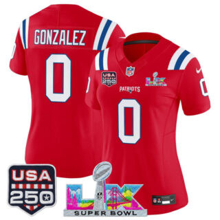 Women's New England Patriots #0 Christian Gonzalez Red 2025 F.U.S.E. Super Bowl LX Patch And USA 250' Patch Vapor Limited Football Stitched Jersey(Run Small)