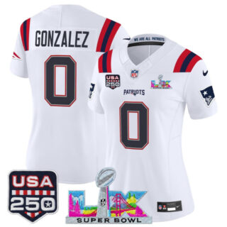 Women's New England Patriots #0 Christian Gonzalez White 2025 F.U.S.E. Super Bowl LX Patch And USA 250' Patch Vapor Limited Football Stitched Jersey(Run Small)