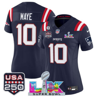 Women's New England Patriots #10 Drake Maye Navy 2025 F.U.S.E. 1-Star C Patch And Super Bowl LX Patch & USA 250' Patch Vapor Limited Football Stitched Jersey(Run Small)