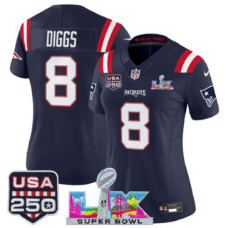 Women's New England Patriots #8 Stefon Diggs Navy 2025 F.U.S.E. Super Bowl LX Patch And USA 250' Patch Vapor Limited Football Stitched Jersey(Run Small)