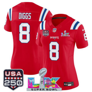Women's New England Patriots #8 Stefon Diggs Red 2025 F.U.S.E. Super Bowl LX Patch And USA 250' Patch Vapor Limited Football Stitched Jersey(Run Small)