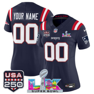 Women's New England Patriots Active Player Custom Navy 2025 F.U.S.E. Super Bowl LX Patch And USA 250' Patch Vapor Limited Football Stitched Jersey(Run Small)