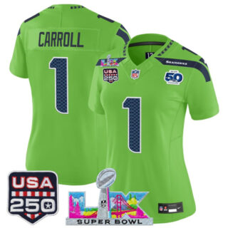 Women's Seattle Seahawks #1 Pete Carroll Green 2025 F.U.S.E. Super Bowl LX Patch And 50th Season & USA 250' Patch Vapor Limited Football Stitched Jersey(Run Small)