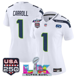 Women's Seattle Seahawks #1 Pete Carroll White 2025 F.U.S.E. Super Bowl LX Patch And 50th Season & USA 250' Patch Vapor Limited Football Stitched Jersey(Run Small)