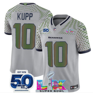 Women's Seattle Seahawks #10 Cooper Kupp Grey 2025 F.U.S.E. Super Bowl LX Patch And 50th Season Patch Rivalries Vapor Limited Stitched Football Jersey(Run Small)