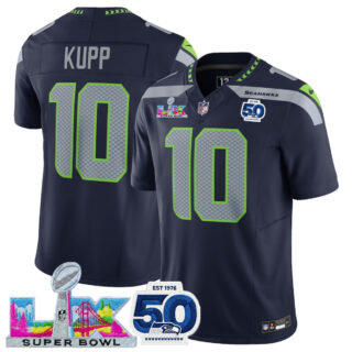 Women's Seattle Seahawks #10 Cooper Kupp Navy 2025 F.U.S.E. Super Bowl LX Patch And 50th Season Patch Vapor Limited Stitched Football Jersey(Run Small)