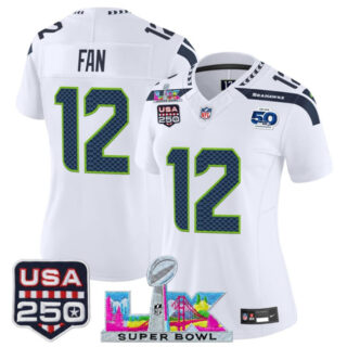 Women's Seattle Seahawks #12 Fan White 2025 F.U.S.E. Super Bowl LX Patch And 50th Season & USA 250' Patch Vapor Limited Football Stitched Jersey(Run Small)