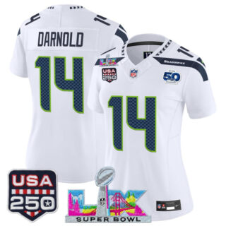 Women's Seattle Seahawks #14 Sam Darnold White 2025 F.U.S.E. Super Bowl LX Patch And 50th Season & USA 250' Patch Vapor Limited Football Stitched Jersey(Run Small)