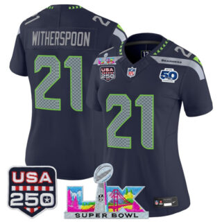 Women's Seattle Seahawks #21 Devon Witherspoon Navy 2025 F.U.S.E. Super Bowl LX Patch And 50th Season & USA 250' Patch Vapor Limited Football Stitched Jersey(Run Small)