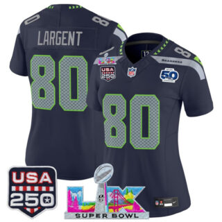 Women's Seattle Seahawks #80 Steve Largent Navy 2025 F.U.S.E. Super Bowl LX Patch And 50th Season & USA 250' Patch Vapor Limited Football Stitched Jersey(Run Small)