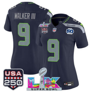 Women's Seattle Seahawks #9 Kenneth Walker III Navy 2025 F.U.S.E. Super Bowl LX Patch And 50th Season & USA 250' Patch Vapor Limited Football Stitched Jersey(Run Small)