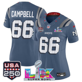 Women's New England Patriots #66 Will Campbell Storm Blue 2025 F.U.S.E. Super Bowl LX & USA 250' Patch Rivalries Vapor Limited Football Stitched Jersey(Run Small)