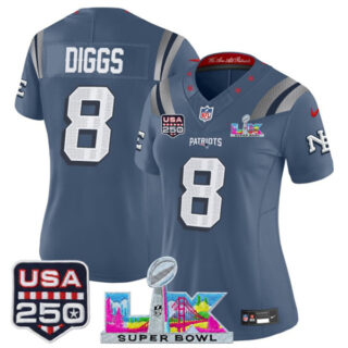 Women's New England Patriots #8 Stefon Diggs Storm Blue 2025 F.U.S.E. Super Bowl LX & USA 250' Patch Rivalries Vapor Limited Football Stitched Jersey(Run Small)