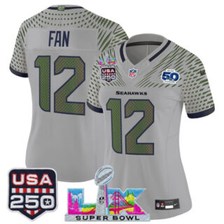 Women's Seattle Seahawks #12 Fan Gray 2025 F.U.S.E. Super Bowl LX & US 250th anniversary Patch And 50th Season Patch Rivalries Vapor Limited Football Stitched Jersey(Run Small)
