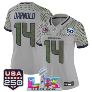 Women's Seattle Seahawks #14 Sam Darnold Gray 2025 F.U.S.E. Super Bowl LX & US 250th anniversary Patch And 50th Season Patch Rivalries Vapor Limited Football Stitched Jersey(Run Small)