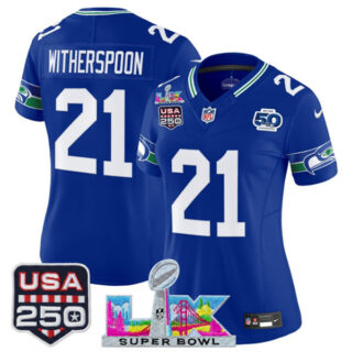Women's Seattle Seahawks #21 Devon Witherspoon Royal 2025 F.U.S.E. Super Bowl LX Patch And 50th Season & USA 250' Patch Vapor Throwback Limited Stitched Football Jersey(Run Small)