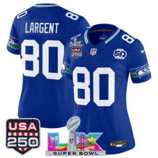 Women's Seattle Seahawks #80 Steve Largent Royal 2025 F.U.S.E. Super Bowl LX Patch And 50th Season & USA 250' Patch Vapor Throwback Limited Stitched Football Jersey(Run Small)