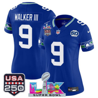 Women's Seattle Seahawks #9 Kenneth Walker III Royal 2025 F.U.S.E. Super Bowl LX Patch And 50th Season & USA 250' Patch Vapor Throwback Limited Stitched Football Jersey(Run Small)