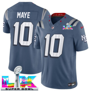 Youth New England Patriots #10 Drake Maye Storm Blue 2025 F.U.S.E. Super Bowl LX Patch Rivalries Vapor Limited Stitched Football Jersey