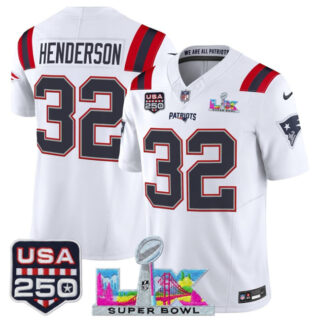 Youth New England Patriots #32 TreVeyon Henderson White 2025 F.U.S.E. Super Bowl LX & USA 250' Patch Vapor Limited Stitched Football Jersey