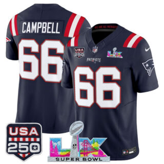 Youth New England Patriots #66 Will Campbell Navy 2025 F.U.S.E. Super Bowl LX Patch And USA 250' Patch Vapor Limited Stitched Football Jersey