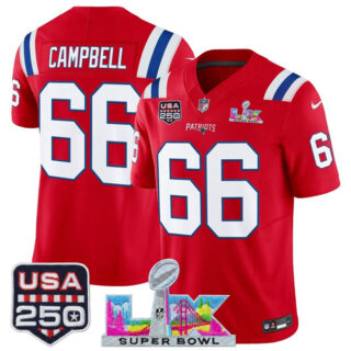 Youth New England Patriots #66 Will Campbell Red 2025 F.U.S.E. Super Bowl LX Patch And USA 250' Patch Vapor Limited Stitched Football Jersey