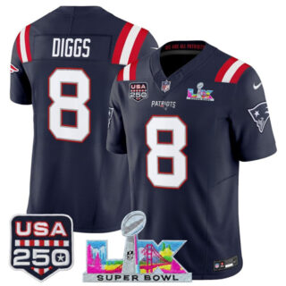 Youth New England Patriots #8 Stefon Diggs Navy 2025 F.U.S.E. Super Bowl LX & USA 250' Patch Vapor Limited Stitched Football Jersey