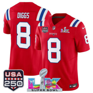 Youth New England Patriots #8 Stefon Diggs Red 2025 F.U.S.E. Super Bowl LX & USA 250' Patch Vapor Limited Stitched Football Jersey