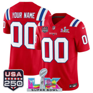 Youth New England Patriots Active Player Custom Red 2025 F.U.S.E. Super Bowl LX & USA 250' Patch Vapor Limited Stitched Football Jersey