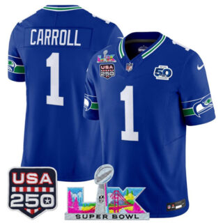 Youth Seattle Seahawks #1 Pete Carroll Royal 2025 F.U.S.E. Super Bowl LX Patch And 50th Season & USA 250' Patch Vapor Throwback Limited Stitched Football Jersey