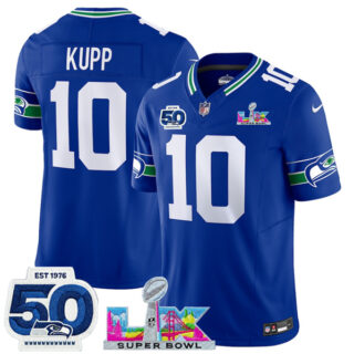 Youth Seattle Seahawks #10 Cooper Kupp Royal 2025 F.U.S.E. Super Bowl LX Patch And 50th Season Patch Vapor Throwback Limited Stitched Football Jersey