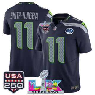 Youth Seattle Seahawks #11 Jaxon Smith-Njigba Navy 2025 F.U.S.E. Super Bowl LX Patch And 50th Season & USA 250' Patch Vapor Limited Stitched Football Jersey