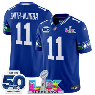 Youth Seattle Seahawks #11 Jaxon Smith-Njigba Royal 2025 F.U.S.E. Super Bowl LX Patch And 50th Season Patch Vapor Throwback Limited Stitched Football Jersey