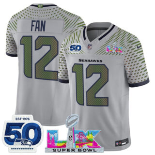 Youth Seattle Seahawks #12 Fan Grey 2025 F.U.S.E. Super Bowl LX Patch And 50th Season Patch Rivalries Vapor Limited Stitched Football Jersey