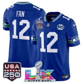 Youth Seattle Seahawks #12 Fan Royal 2025 F.U.S.E. Super Bowl LX Patch And 50th Season & USA 250' Patch Vapor Throwback Limited Stitched Football Jersey