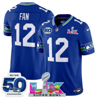Youth Seattle Seahawks #12 Fan Royal 2025 F.U.S.E. Super Bowl LX Patch And 50th Season Patch Vapor Throwback Limited Stitched Football Jersey