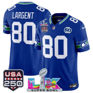 Youth Seattle Seahawks #80 Steve Largent Royal 2025 F.U.S.E. Super Bowl LX Patch And 50th Season & USA 250' Patch Vapor Throwback Limited Stitched Football Jersey