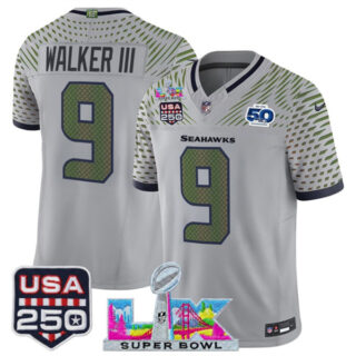 Youth Seattle Seahawks #9 Kenneth Walker III Gray 2025 F.U.S.E. Super Bowl LX & US 250th anniversary Patch And 50th Season Patch Rivalries Vapor Limited Stitched Football Jersey