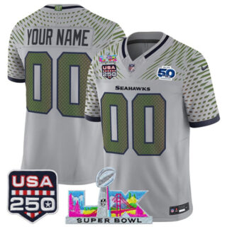 Youth Seattle Seahawks Active Player Custom Gray 2025 F.U.S.E. Super Bowl LX & US 250th anniversary Patch And 50th Season Patch Rivalries Vapor Limited Stitched Football Jersey