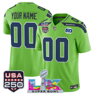 Youth Seattle Seahawks Active Player Custom Green 2025 F.U.S.E. Super Bowl LX & US 250th anniversary Patch And 50th Season Patch Vapor Limited Stitched Football Jersey